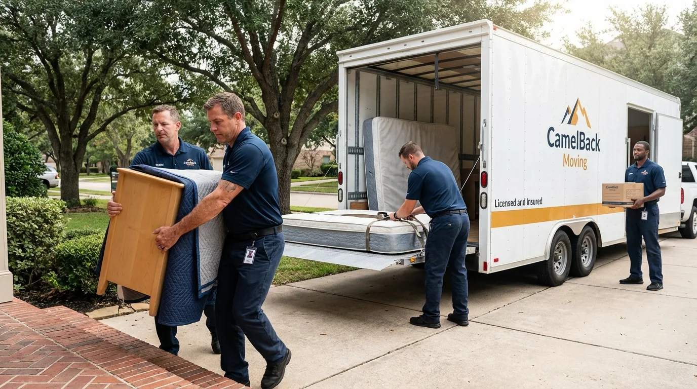Crew loading residential truck for cross-state move from McIntosh, NM