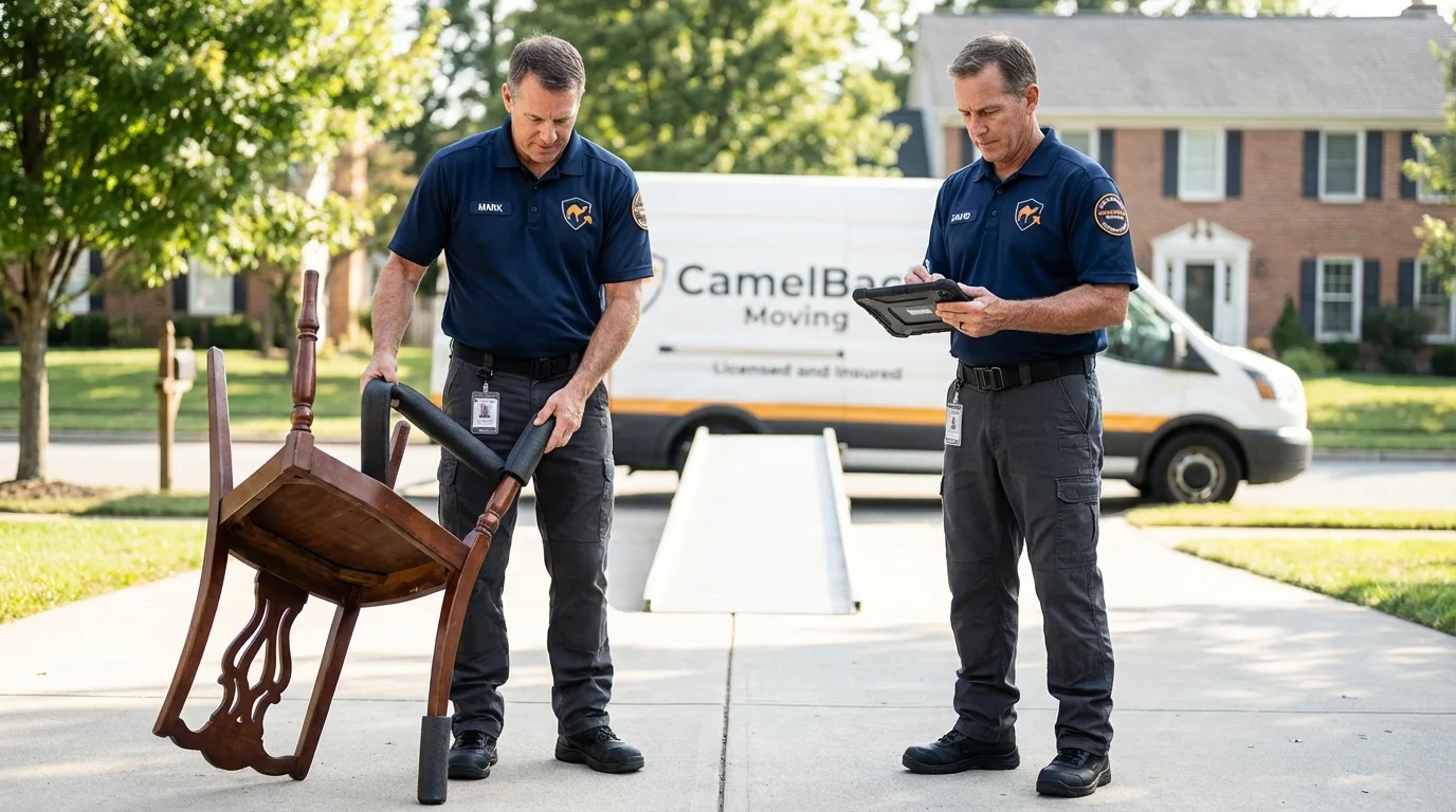 Movers inspecting furniture for damage prevention before loading in McIntosh, NM