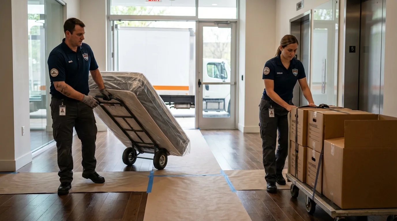 Professional apartment movers loading elevator in McIntosh, NM